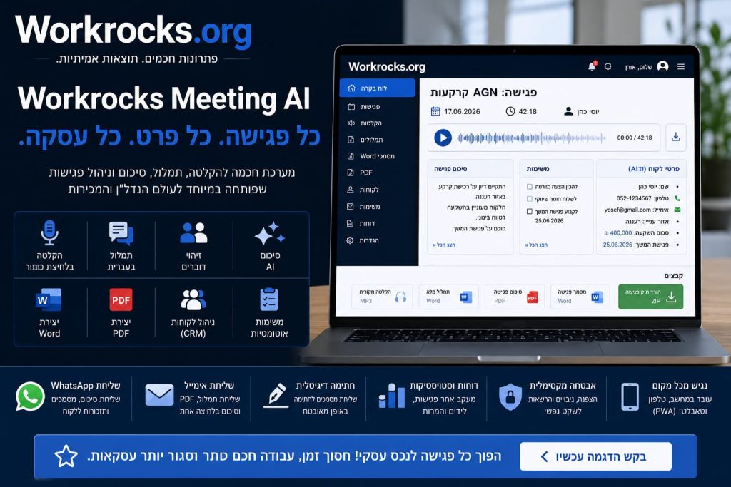 Workrocks Meeting AI – מהפכת התיעוד, התמלול וניהול הפגישות לעולם הנדל"ן והמכירות